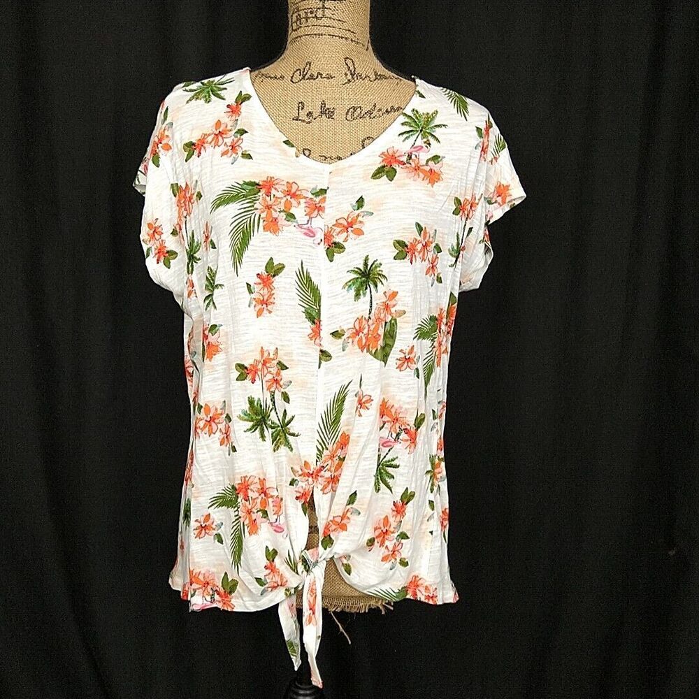Cato Tropical Floral Tie Front Top Palm Print Vacation Boho Coastal Resort sz S